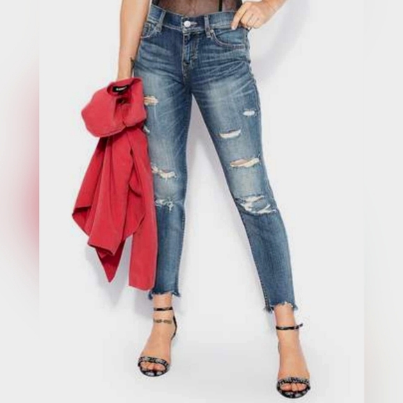 Express Wmns Skinny Ankle Mid-rise Stretch Ripped Raw-Hem Medium Wash Jeans Sz4R - Picture 1 of 12